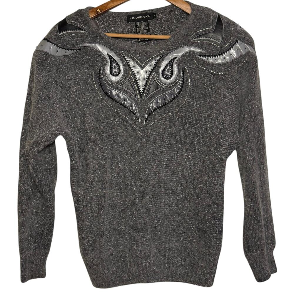 1980's IB Diffusion Silk Angora Blend Faux Leather Applique Size Medium Sweater